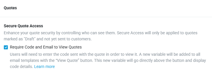 Sales settings with Secure Quote Access enabled